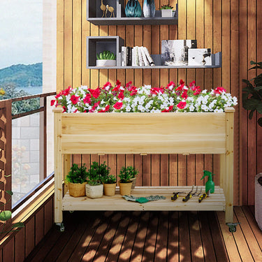 Elevated Wooden Planter Box, Lockable Mobile Garden Bed