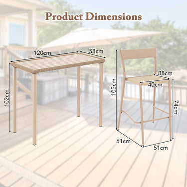 3 Pieces Patio Bar Table Set, Outdoor Bar Height Table & 2 Armless Chairs w/Rattan Seat