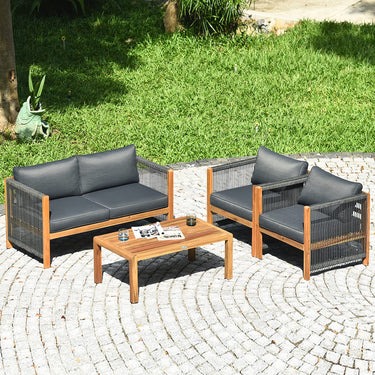 4PCS Acacia Wood Outdoor Patio Furniture Set Cushioned Sofa W/Nylon Rope Armrest