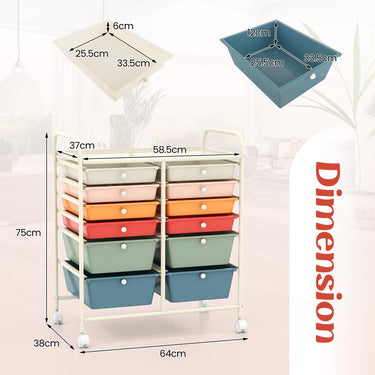 Movable 12-Drawer Storage Trolley with 2 lockable for Home Office