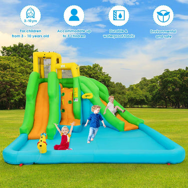 6 in 1 Inflatable Castle Water Park w/Climbing Wall, Basketball Rim