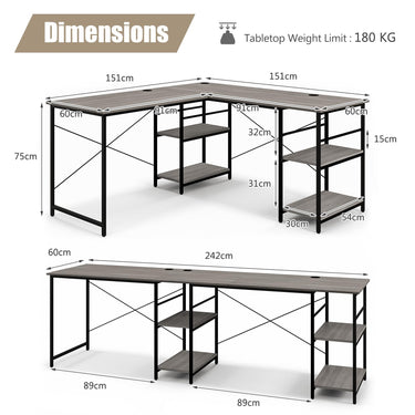 151CM Convertible L-shaped Computer Desk with 4 Storage Shelves for Home Office