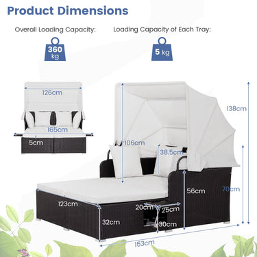 Outdoor Rattan Daybed W/Retractable Canopy Washable Cushion & Pillow