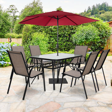 7-Piece Patio Dining Set, Outdoor Dining Table Set with 6 Stackable Chairs and 140 cm Tempered Glass Rectangular Table with Umbrella Hole