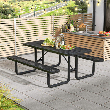 Outdoor Picnic Table & Bench Set for 8, 184cm Coated Steel Rectangular Camping Table with Seats & Mesh Grid - PatiojoyAU