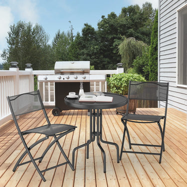 3-Piece Patio Bistro Set, Outdoor Bistro Table Set with Round Black Tempered Glass Tabletop and 2 Folding Chairs
