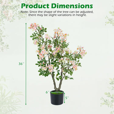 36" Artificial Impatiens Blossom Tree, Faux Pink Floral Plant in Cement-Filled Pot