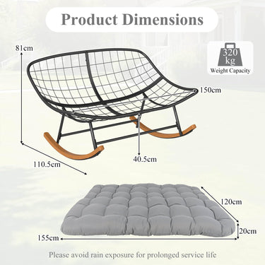 150 cm Double Papasan Rocking Chair for 2, Oversized 320 kg Outdoor Metal Loveseat