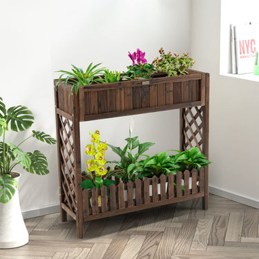 2 Tier Wooden Raised Garden Bed, Elevated Planter Bed w/Storage Shelf & Fence, Standing Plant Container Box w/Trellis