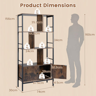 Industrial Tall Bookshelf w/ 3-Tier Shelves & 2-Door Cabinet