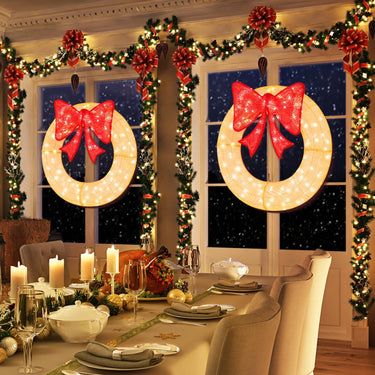 122 CM Pre-Lit Lighted Christmas Mesh Wreath with Large Bow & 200 LED Bulbs