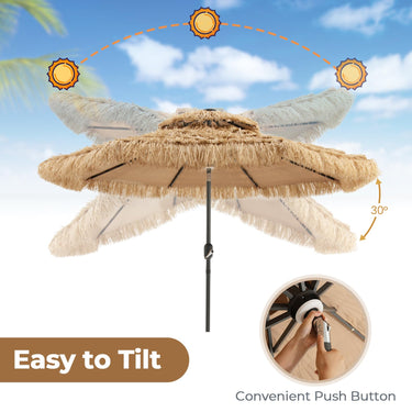 32 LED Hula Thatched Tiki Umbrella, Solar Powered Hawaiian Style Beach Umbrella with 8 Ribs - PatiojoyAU