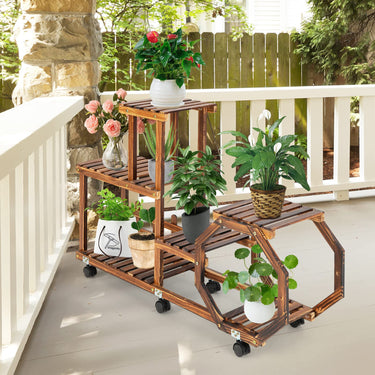 4 Tiers Wood Plant Stand, Rolling Flower Rack w/ Octagonal Design, Freestanding Corner Plant Shelf