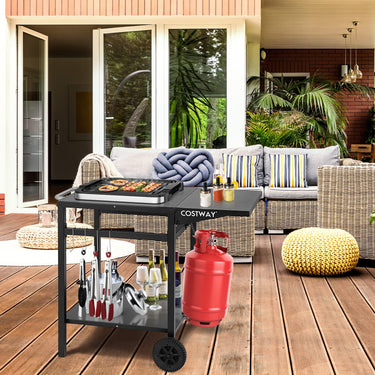 Movable Dining Cart Table Double-Shelf Trolley with Folding Tabletop