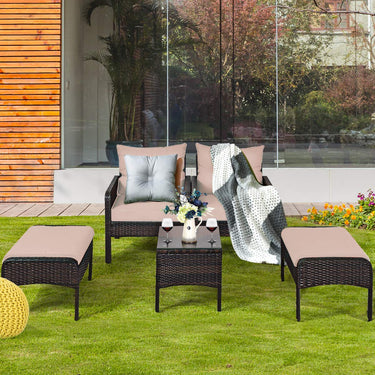 5 Pieces Patio Rattan Furniture Set, Outdoor Conversation Set with Cushioned Chair & Ottoman & Tempered Glass Coffee Table - PatiojoyAU