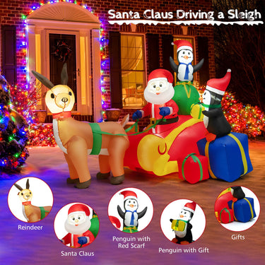 180CM Long Lighted Santa Claus on Reindeer Sleigh with Penguins & Gift Boxes