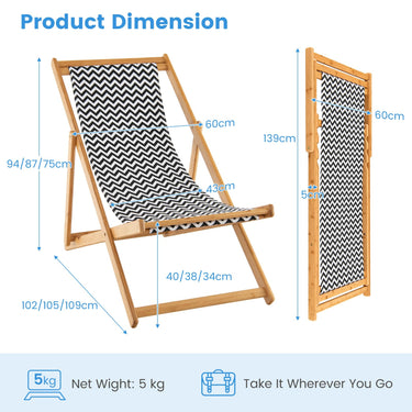 Folding Solid Wood Beach Sling Chair, Outdoor Reclining Chair with Adjustable Backrest - PatiojoyAU
