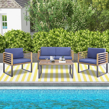 4 Piece Patio Chair Set, Acacia Wood Chair Set w/ 2 Chairs, 1 Loveseat & 1 Coffee Table - PatiojoyAU