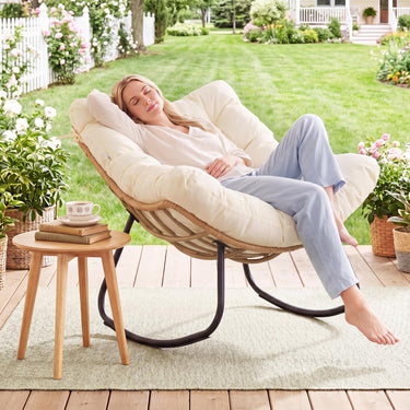 Outdoor Papasan Rocking Chair, Oversized PE Wicker Patio Egg Chair