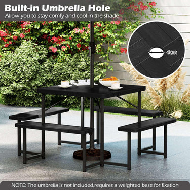 Picnic Table Bench Set for 4-8 People Outdoor Square Camping Dining Table & 4 Benches w/Umbrella Hole
