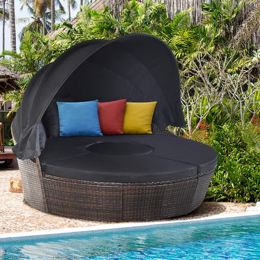 Patio Rattan Round Daybed with Retractable Canopy