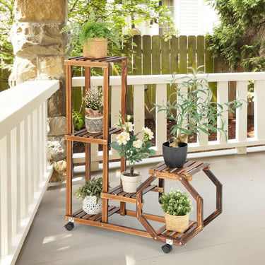5 Tiers Wood Plant Stand, Rolling Flower Rack w/ Octagonal Design