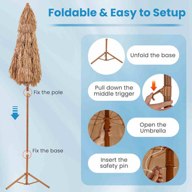 2M Thatched Tiki Umbrella w/Foldable Stand, Hawaiian Style Beach Umbrella - PatiojoyAU