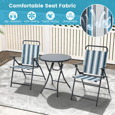3 Piece Outdoor Folding Bistro Set, 2 Folding Chairs w/Folding Table, Heavy-Duty Metal Frame - PatiojoyAU