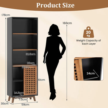 5-Tier Bookcase with Reversible Adjustable Shelf and Sliding Doors