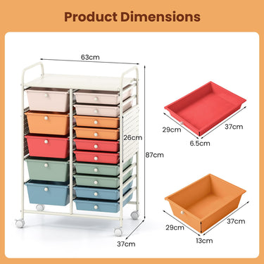 15-Drawer Rolling Cart with Pegboard and 2 Locking Brakes