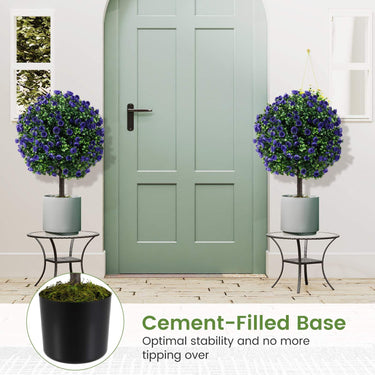 Set of 2 Artificial Purple Rose Topiary Ball Trees, 55cm Faux Boxwood Ball Tree with Cement-Filled Pot