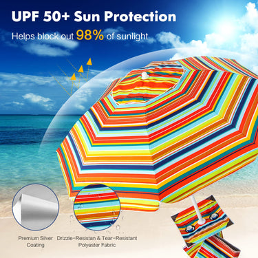196 CM Beach Umbrella W/Cup Holder Table & Sandbag, Portable Outdoor Sunshade Umbrella W/Carry Bag - PatiojoyAU