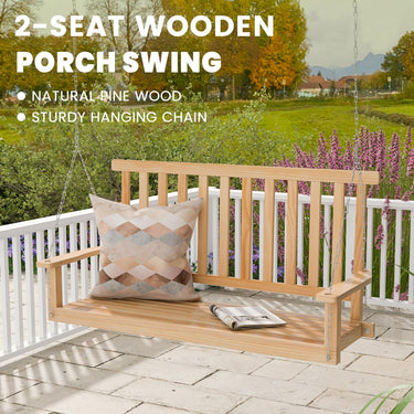 2-Seat Patio Swing Bench, Wood Hanging Porch Swing Chair W/ 2 Sturdy Hanging Ropes