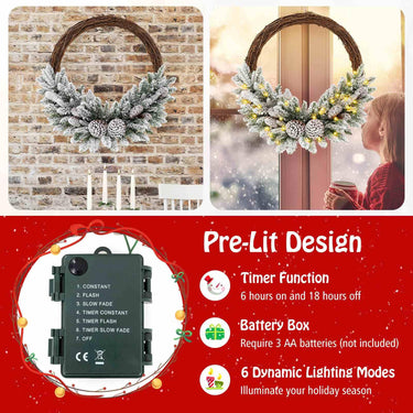 Pre-lit Artificial Christmas Wreath with 35 LED Lights 65 Branch Tips and 8 Natural Pine Cones