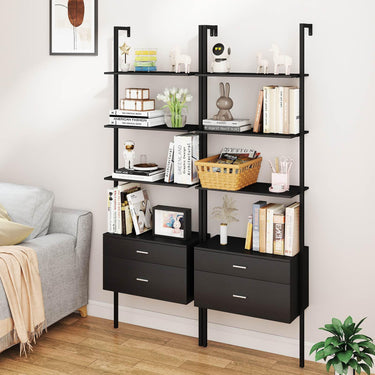 6-Tier Ladder Bookcase with 2 Drawers and Metal Frame