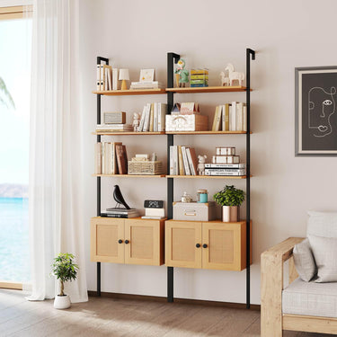5-Tier Ladder Bookcase with Rattan Cabinet and Metal Frame