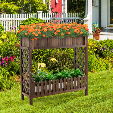 2 Tier Wooden Raised Garden Bed, Elevated Planter Bed w/Storage Shelf & Fence, Standing Plant Container Box w/Trellis