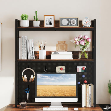 Desktop Bookshelf Multipurpose 2-Tier Desk Hutch with Pegboard