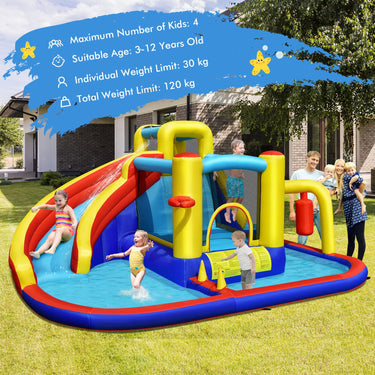 7-in-1 Inflatable Bounce Castle with Curved Water Slide