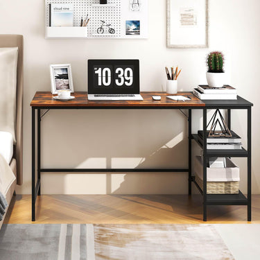 140CM Reversible Computer Desk with 2-tier Storage Shelves & Steel Frame