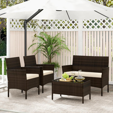 4 Pieces Outdoor Patio Furniture Set with Tempered Glass Coffee Table and Cushions