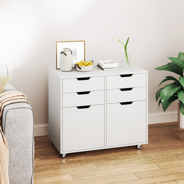 4-Drawer Mobile Wood Storage Cabinet with 2 Doors and 5 Universal Wheels