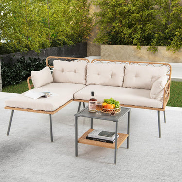 3 Pieces Corner Patio Furniture, PE Rattan L-Shaped Cushioned Sofa Set
