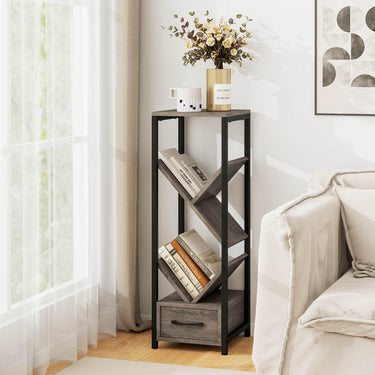4 Tier Floor Standing Tree Bookshelf with Drawer for Small Space
