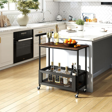 Kitchen Serving Cart Rolling End Table w/Handle, 2-Tier Sofa Side Table w/Open Shelf & Mesh Basket