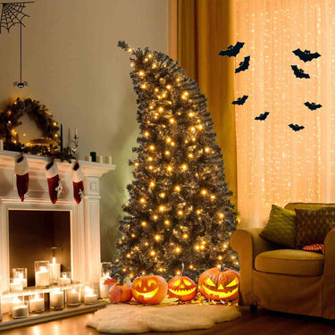 Pre-Lit Black Artificial Christmas Halloween Tree with Bendable Top Section