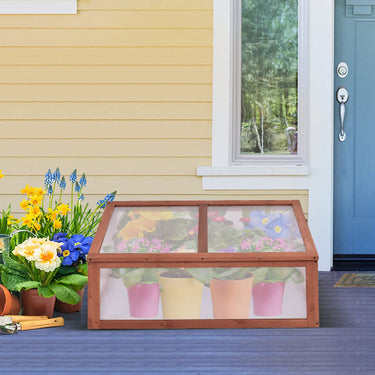 Mini Greenhouse Cold Frame, Portable Wooden Green House with Open Roofs and PC Panels for Flowers Plants