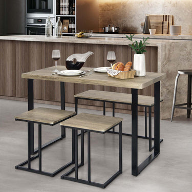 4 Piece Dining Table Set with Bench and 2 Stools for 4 Persons
