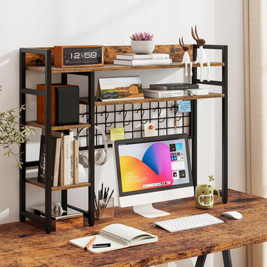 4-Tier Desk Shelf with Metal Grid Panel and 6 Hooks