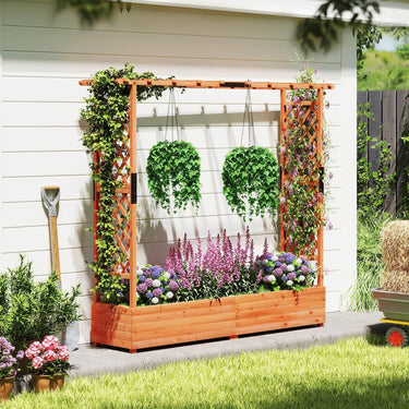 Raised Garden Bed with 2-Sided Trellis & Hanging Roof, Fir Wood Planter Box